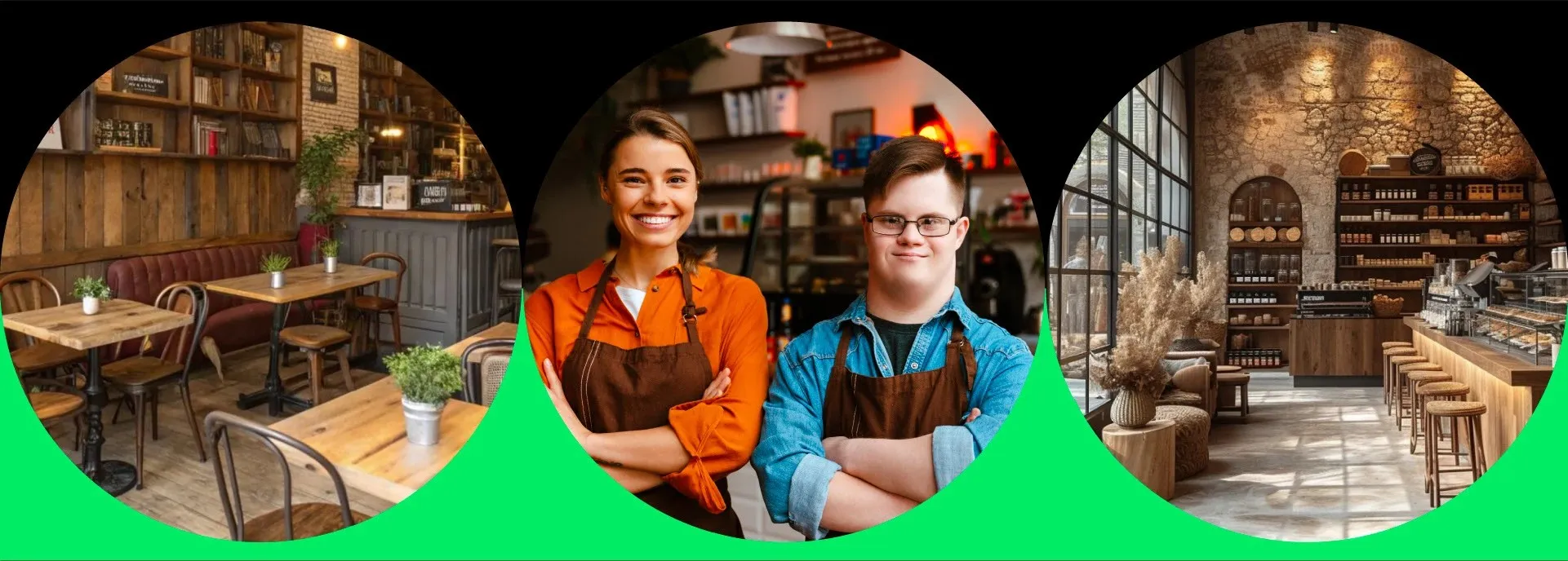Círculos con el café y dos baristas sobre una franja verde