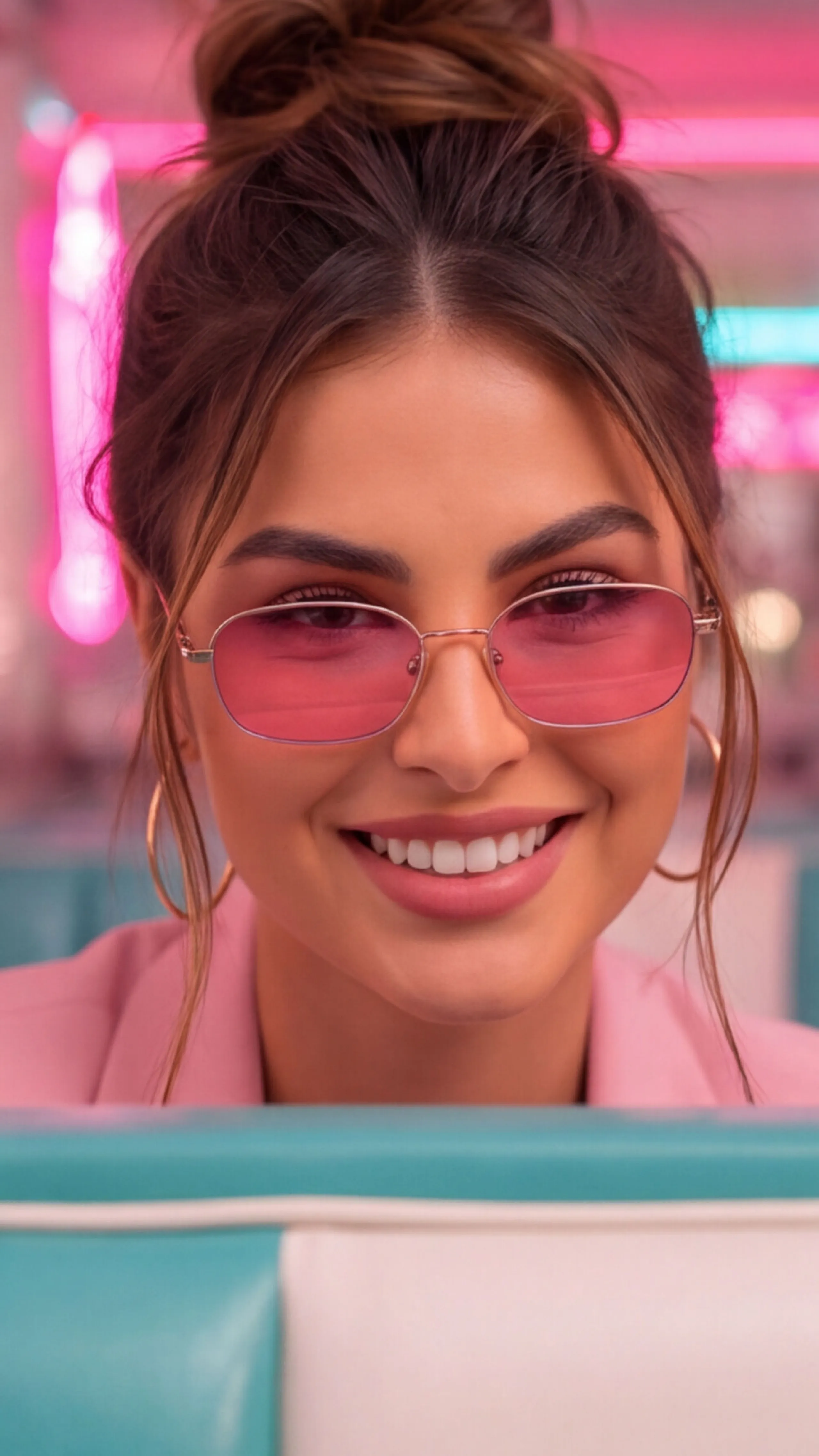Retrato de una modelo sonriente con gafas rosadas en la cafetería
