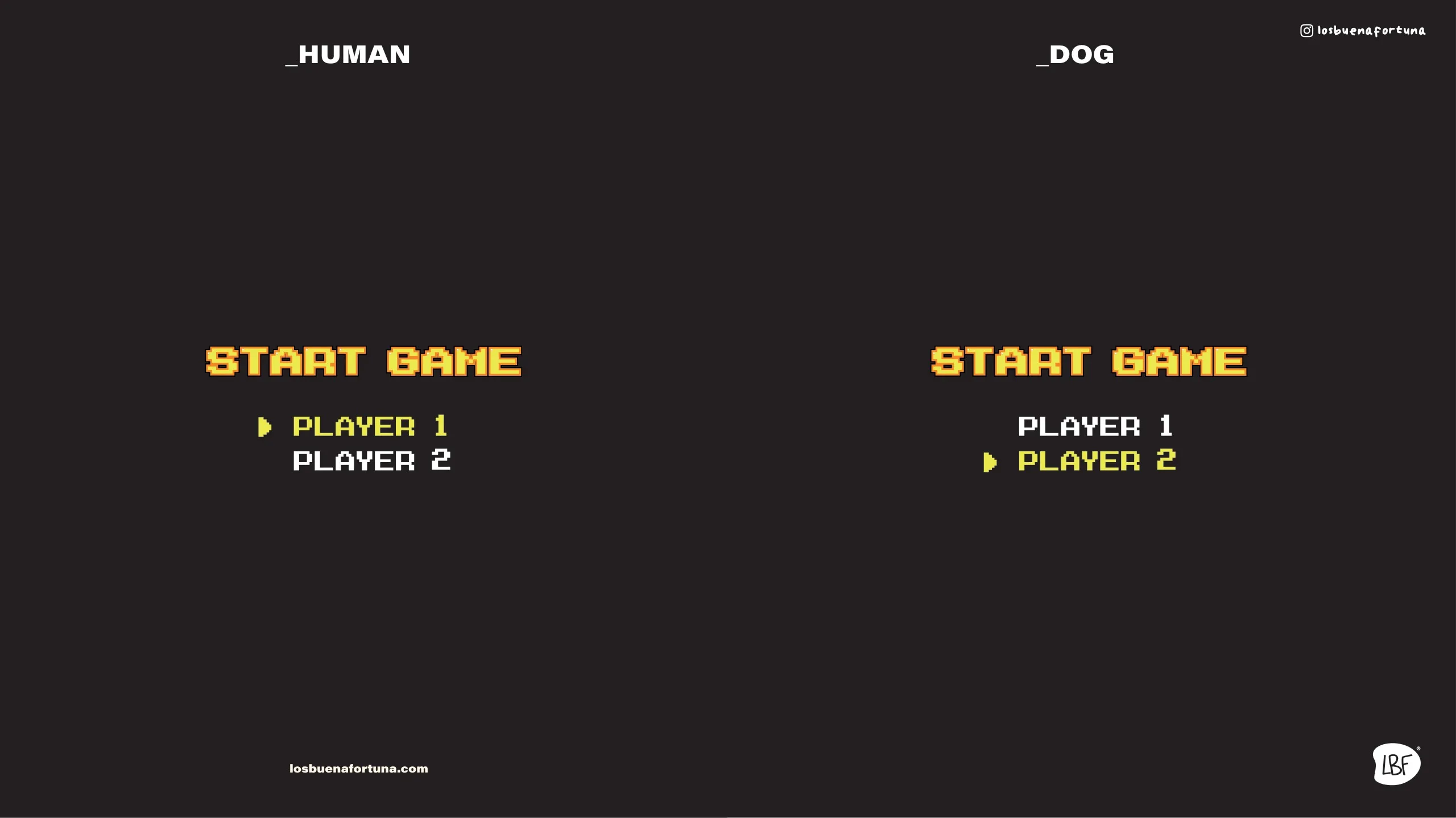 Diseños Start game con Player 1 y Player 2 en amarillo sobre negro