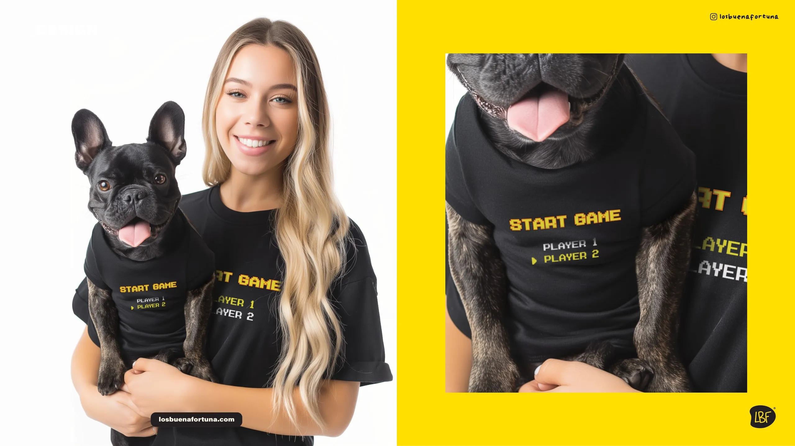 Mujer y su bulldog francés con camisetas negras Start game a juego