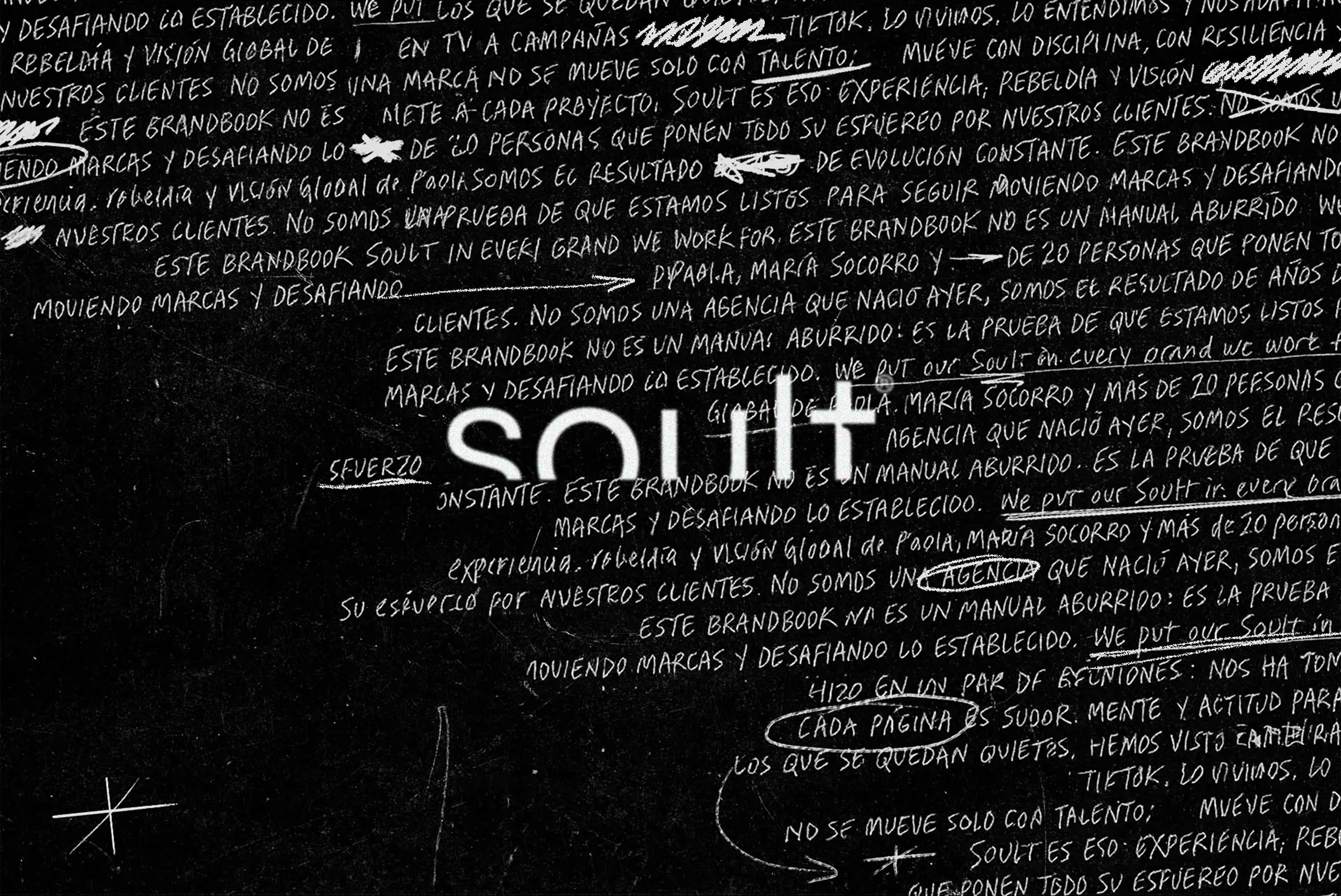 Logo de Soult en el centro de un fondo negro cubierto de frases de su manifiesto escritas a mano en blanco