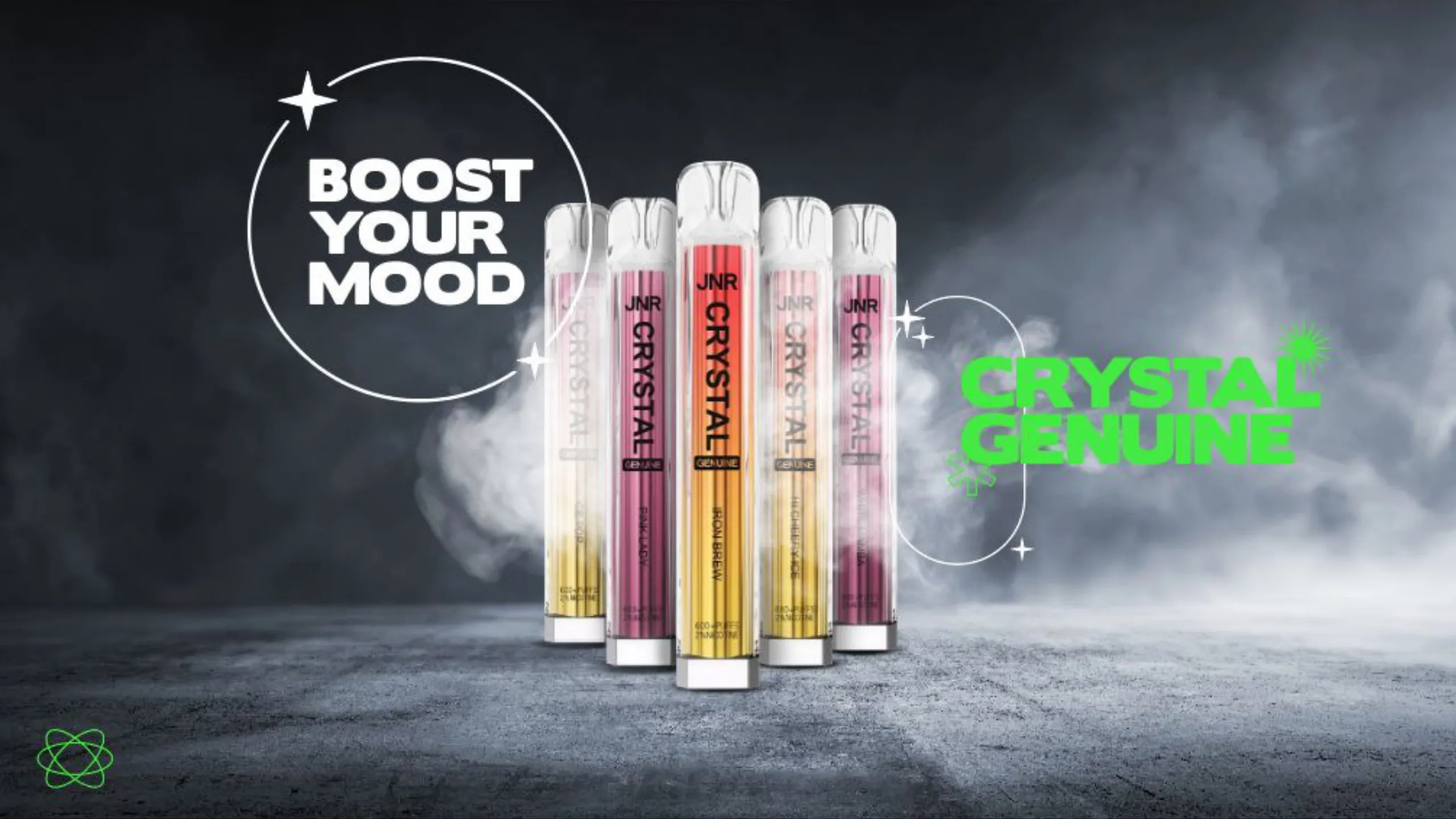 Vapeadores Crystal Genuine entre humo con el sello Boost your mood