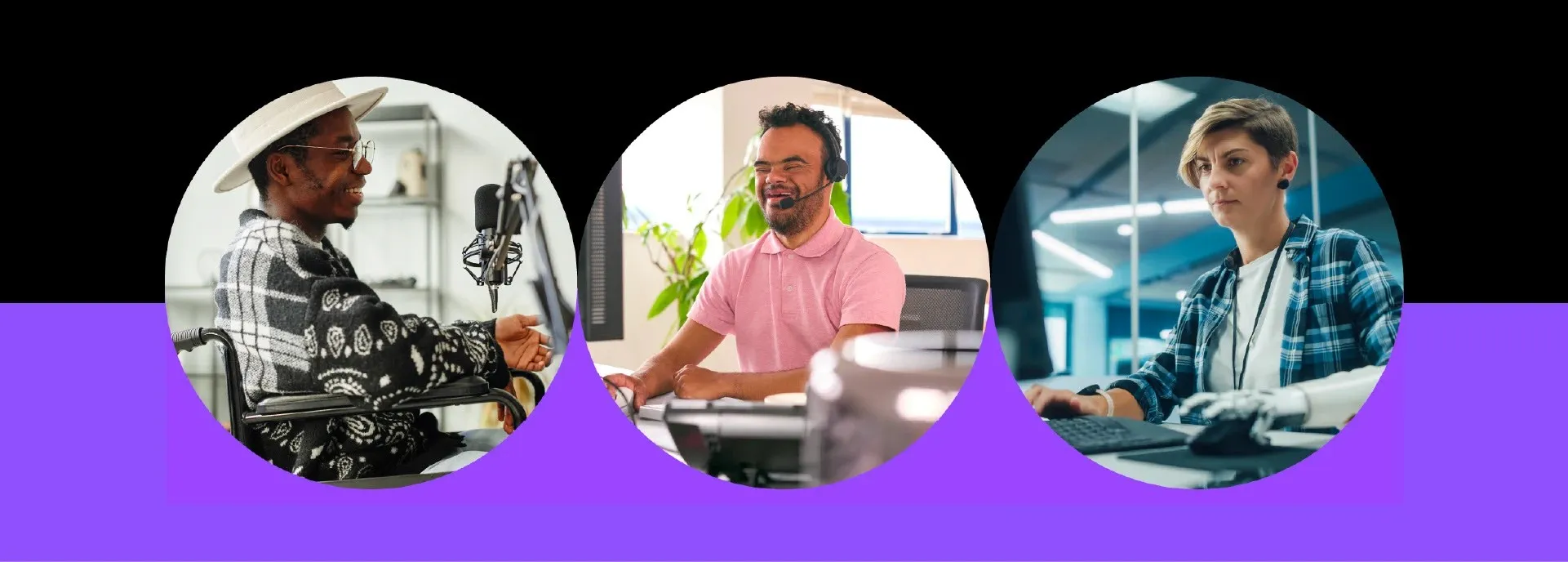 Círculos con personas trabajando sobre una franja violeta