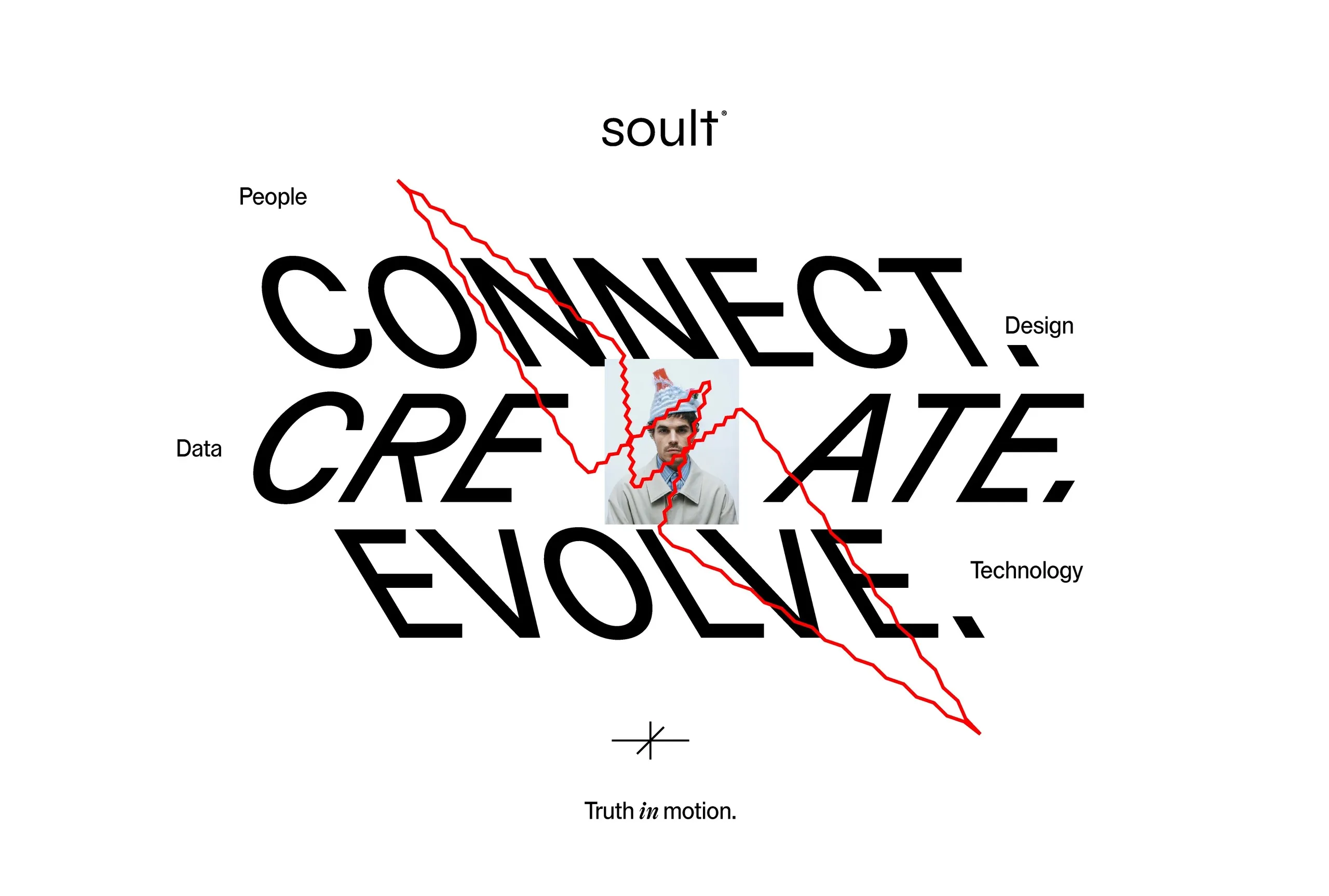 Afiche Connect, Create, Evolve con People, Data, Design y Technology alrededor de un retrato