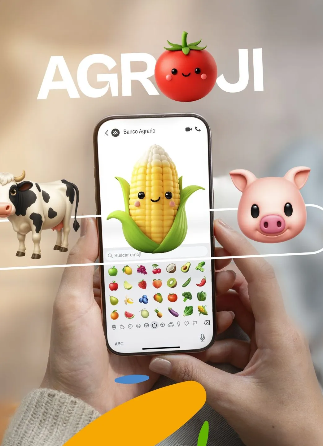 Celular con la experiencia AgroJi del Banco Agrario de Colombia y emojis de campo