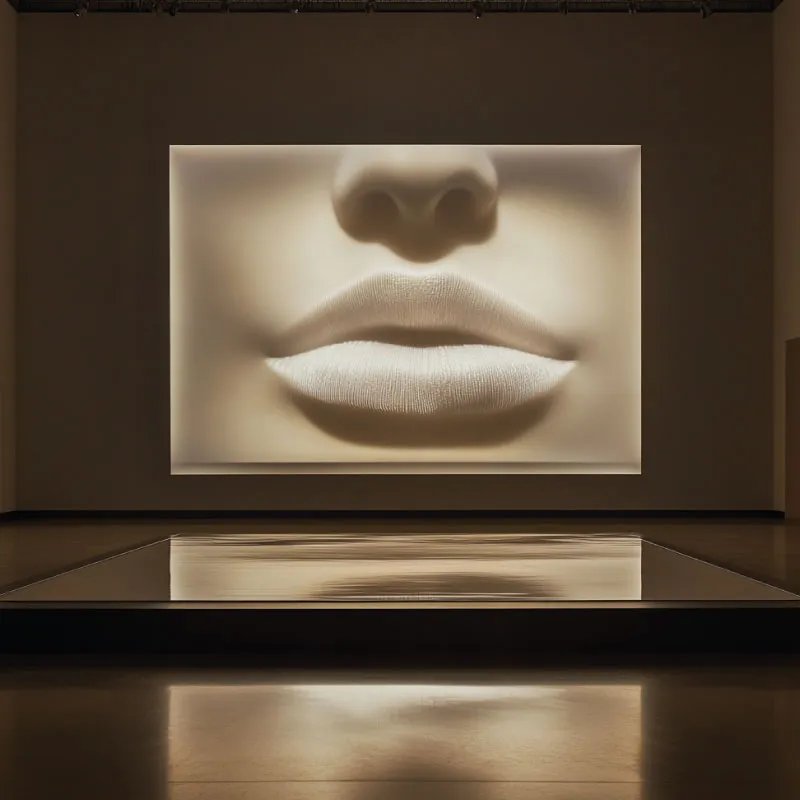 Sala de museo en penumbra con una obra en relieve de una nariz y unos labios sobre la pared