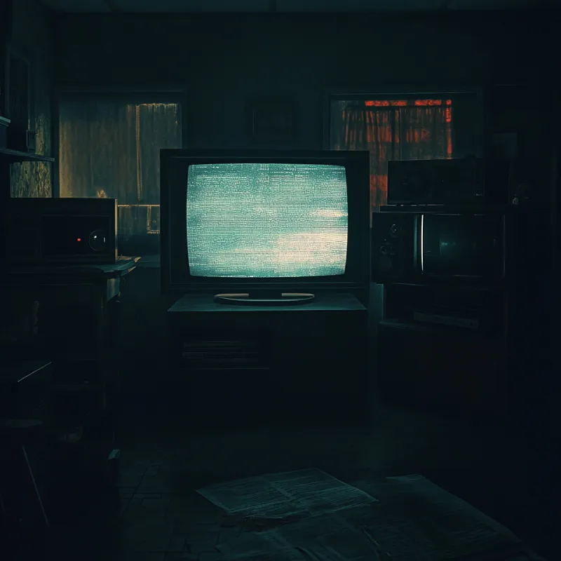 Old television showing static in a dark room, next to a radio and other vintage devices