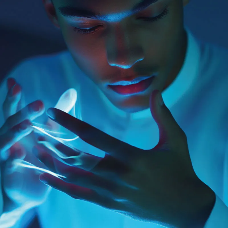 Joven mira sus manos iluminadas por trazos de luz azul