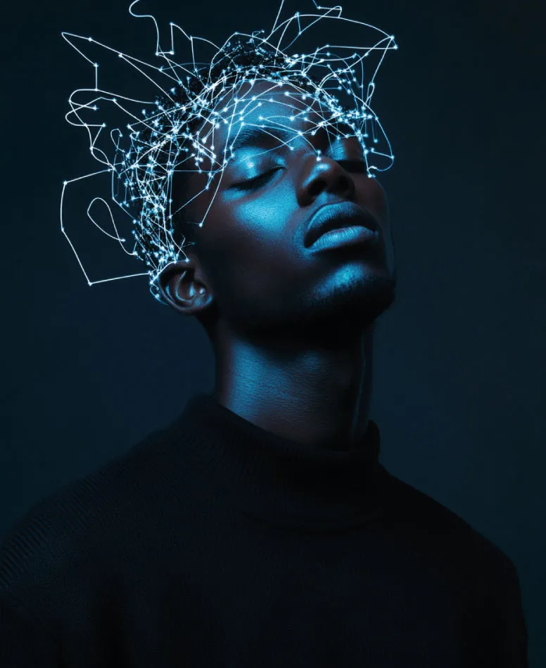Hombre con los ojos cerrados y una maraña de líneas de luz alrededor de la cabeza, sobre fondo azul oscuro