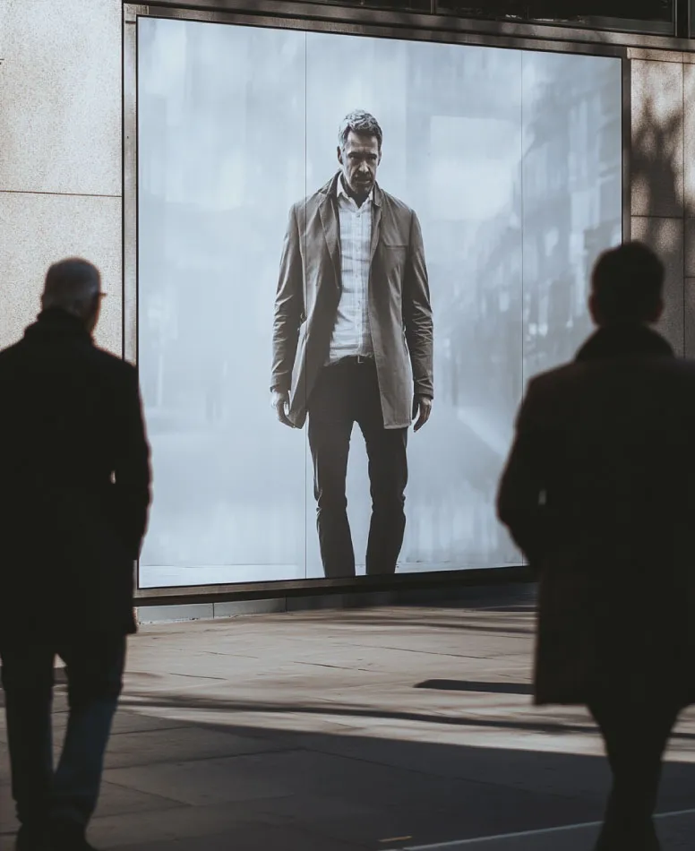 Dos peatones a contraluz pasan frente a una pantalla gigante con la imagen de un hombre de tamaño real
