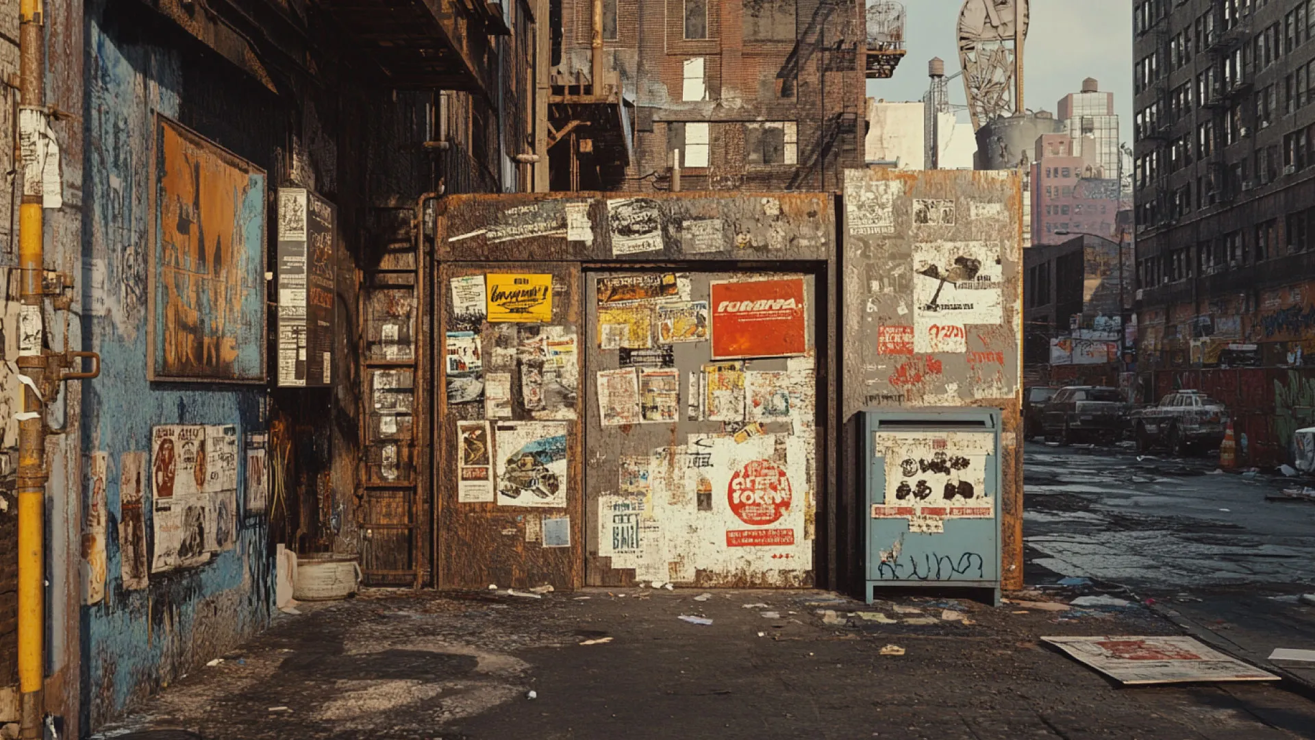 Fachada de una calle urbana cubierta de afiches pegados, grafitis y carteles desgastados