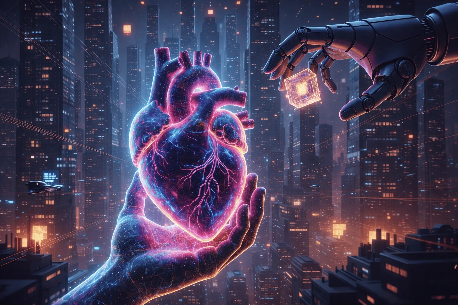 Ilustración de una mano humana con un corazón de neón frente a una mano robótica que sostiene un cubo de luz