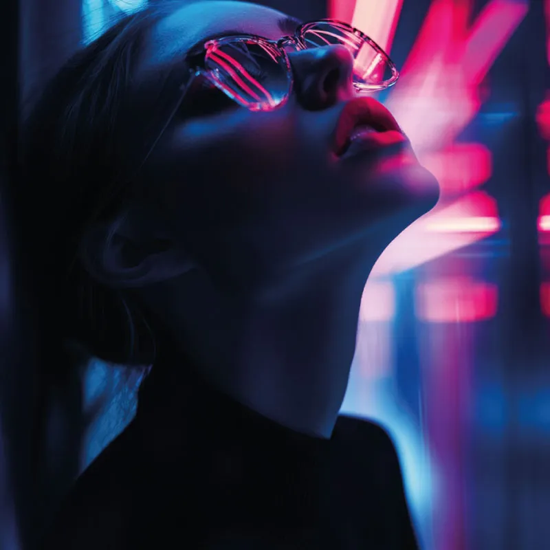 Mujer con gafas que reflejan luces de neón rosadas mira hacia arriba en la penumbra
