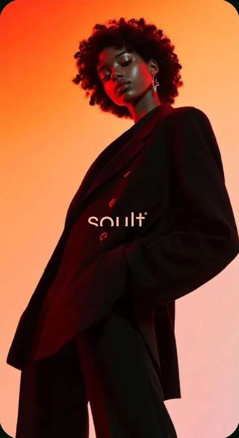 Retrato de una mujer con traje oscuro sobre el degradado naranja de Soult
