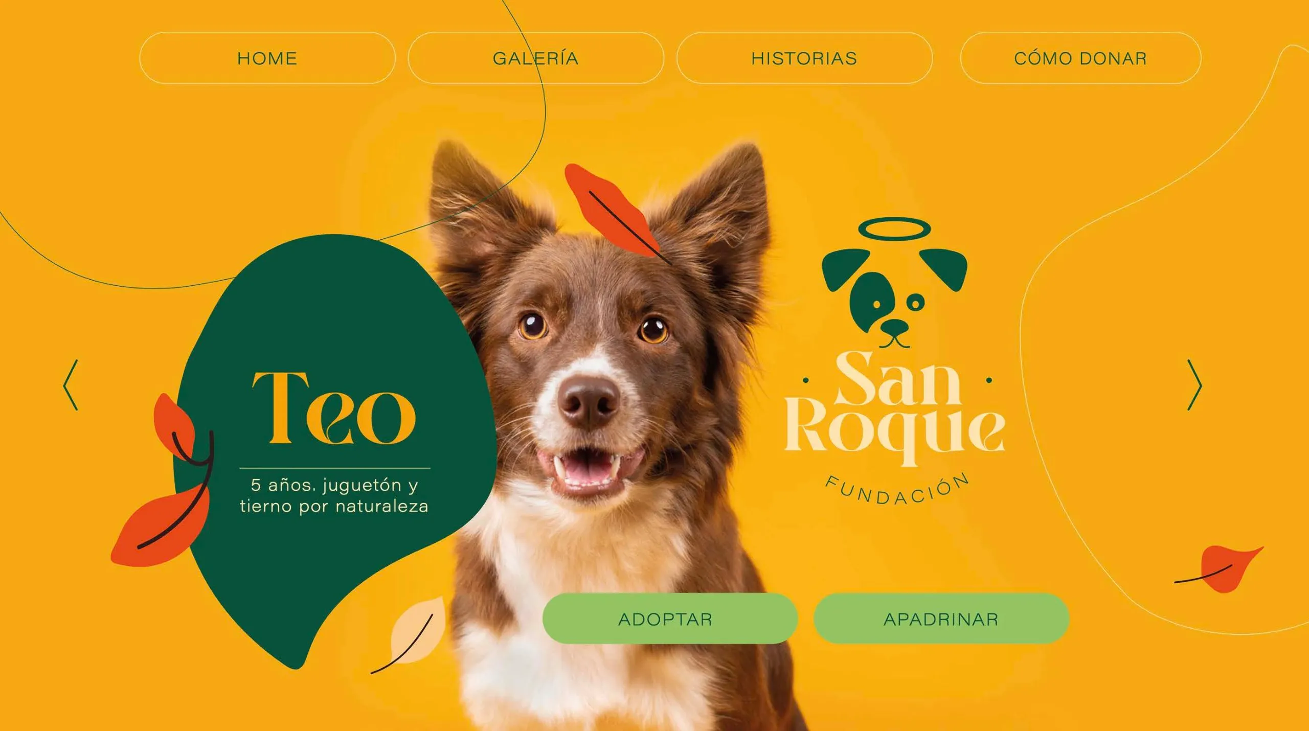 Página web de San Roque con Teo, un perro de pelo café sobre fondo amarillo