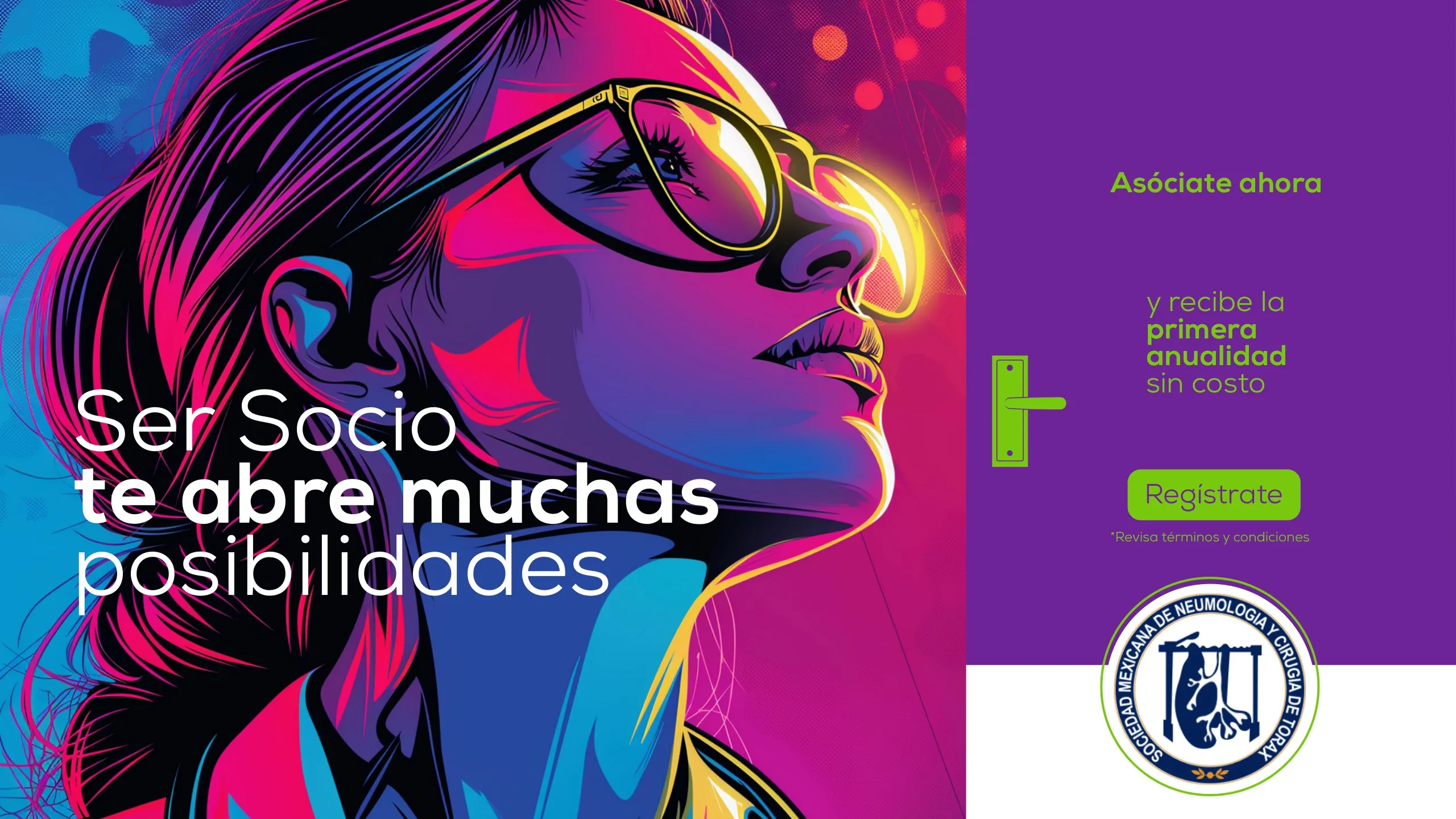 Retrato ilustrado de una médica en colores intensos y el mensaje Ser socio te abre muchas posibilidades