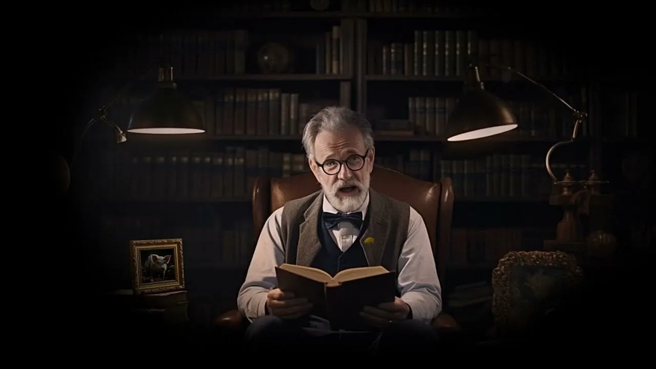 Hombre mayor leyendo un libro en una biblioteca en penumbra, del video para Porkcolombia