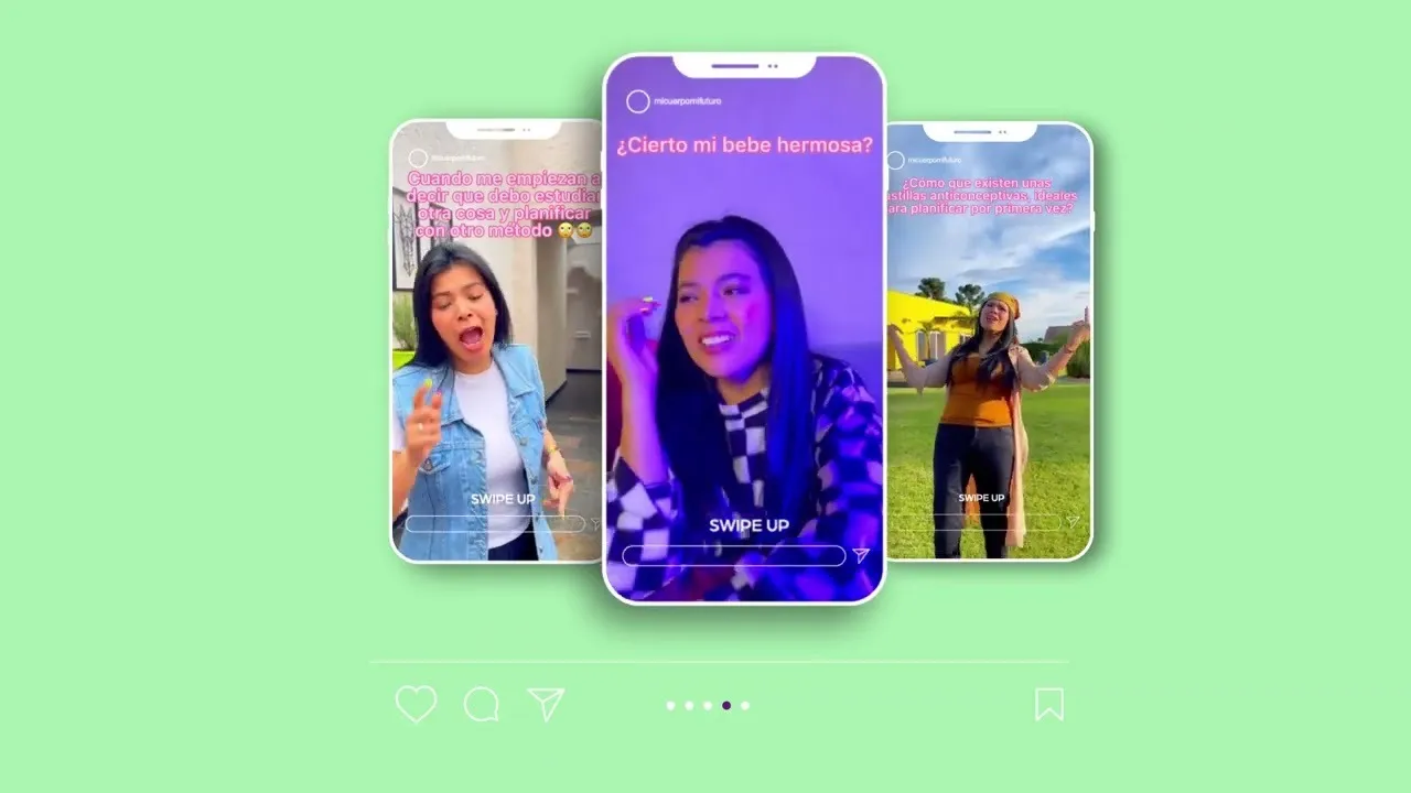 Tres videos verticales con testimonios en celulares sobre fondo verde menta