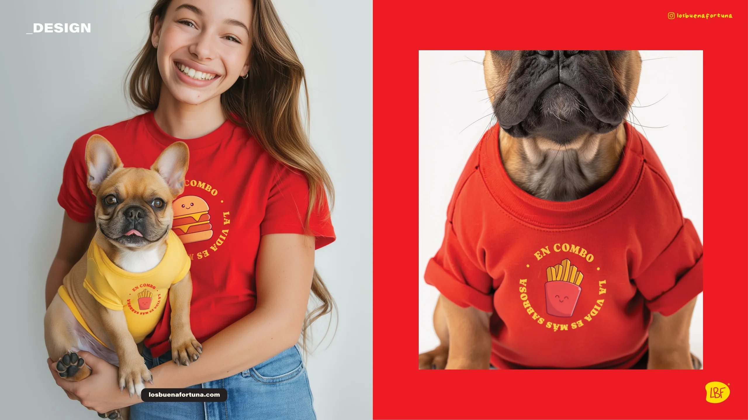 Mujer con camiseta roja En combo abrazando a su bulldog francés con camiseta a juego