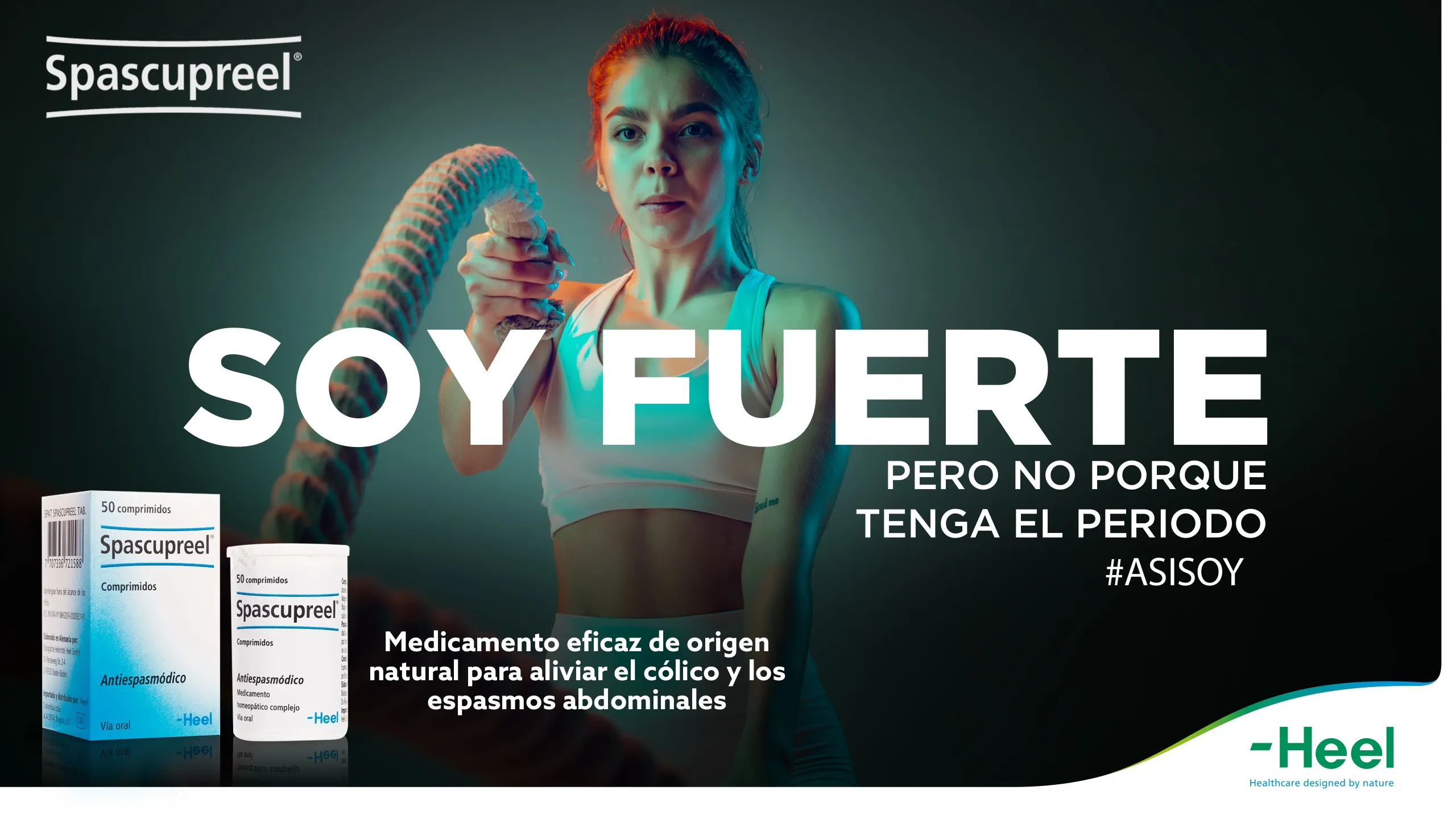 Mujer entrenando con cuerdas de batalla y el titular Soy fuerte, campaña #AsíSoy de Spascupreel