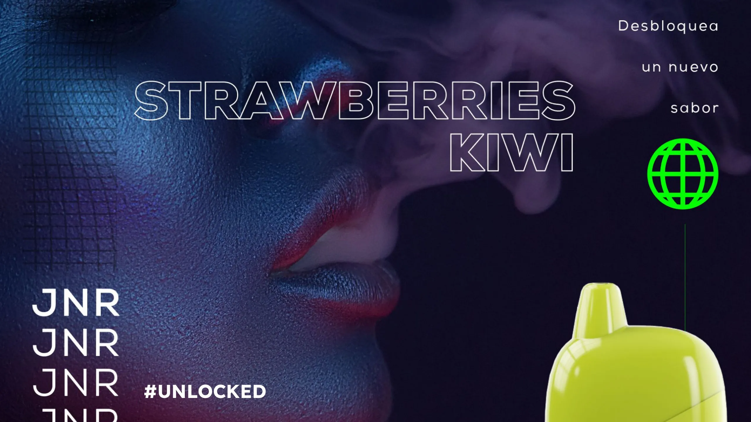 Key visual #Unlocked de Strawberries Kiwi de JNR en tonos azules y violeta