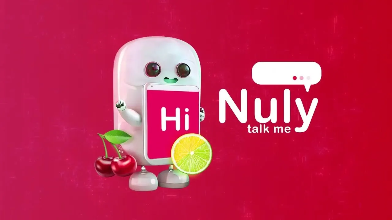 Personaje de Nuly, un celular con ojos que dice Hi, junto a una cereza y un limón sobre fondo rojo
