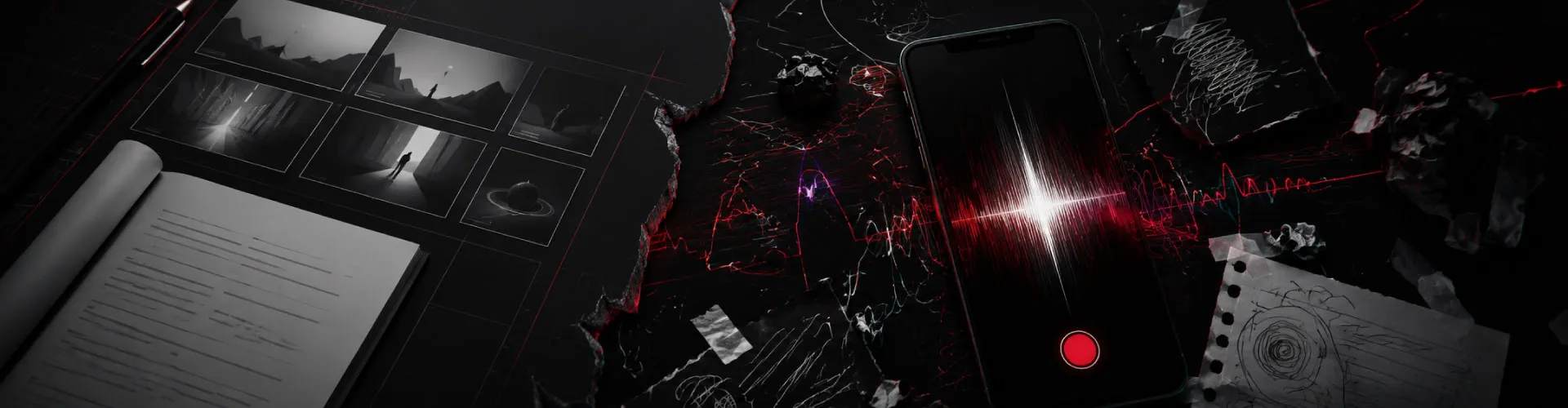 Guion gráfico y cuaderno junto a un celular que graba audio, sobre una mesa negra con trazos rojos